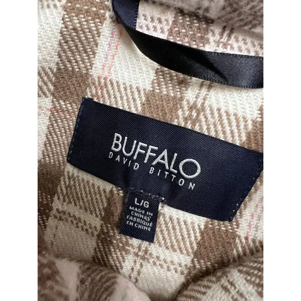 Buffalo David Bitton Large Flannel Cream Brown Plaid Long Line Shacket Cabincore